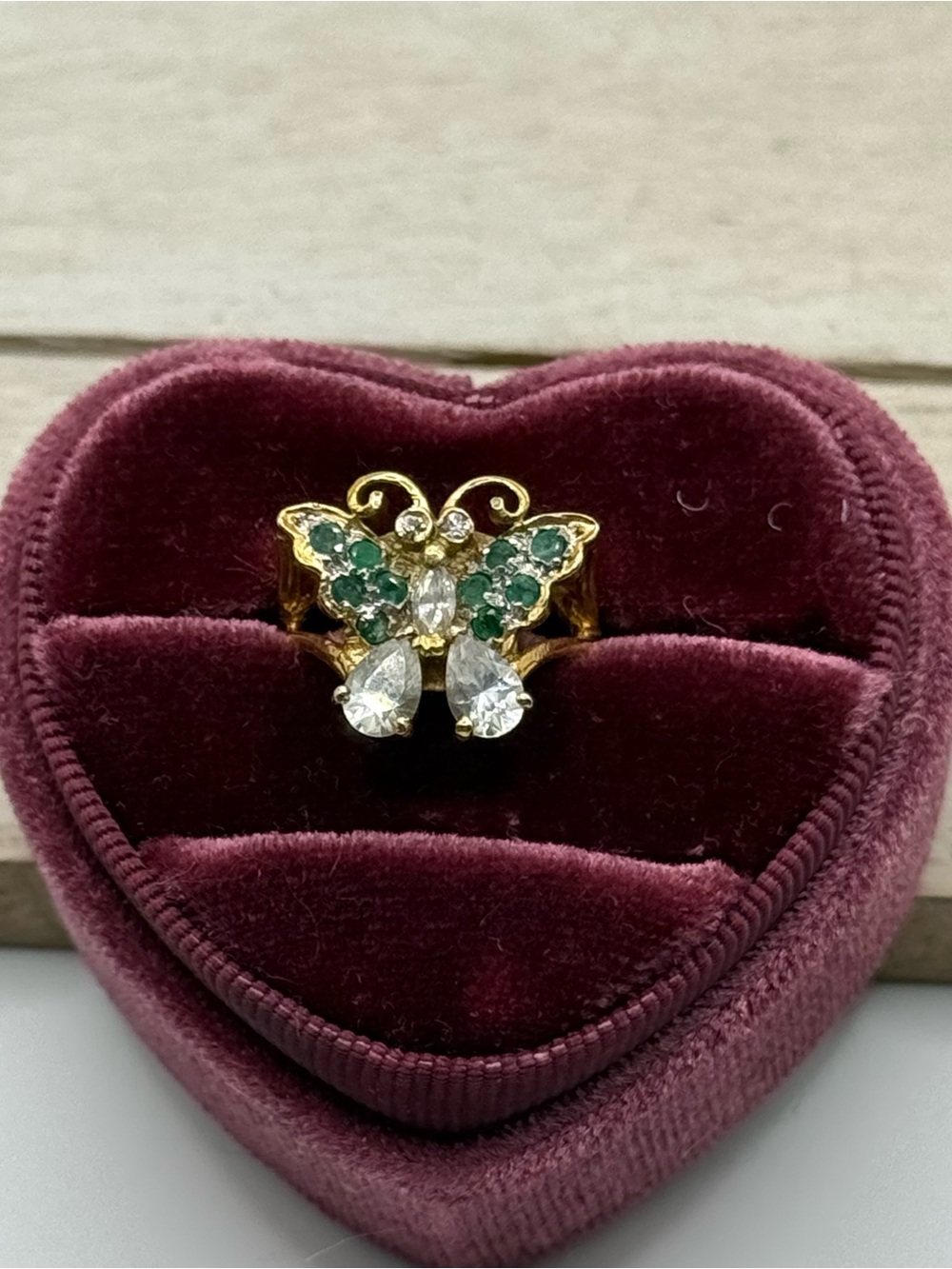 Sterling silver emerald Butterfly Cocktail Ring with Clear Stones